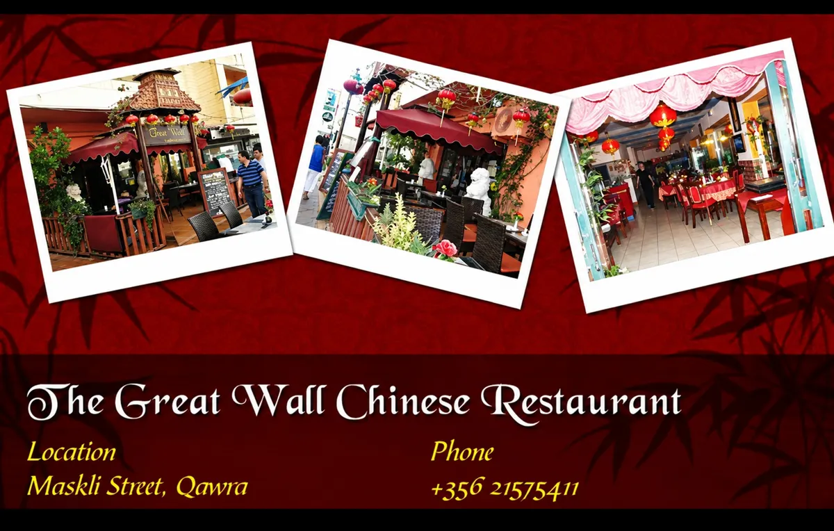 The Great Wall Chinese Restaurant: entrance, terrace and dining room. Maskli Street, Qawra. Phone +356 2157 5411.
